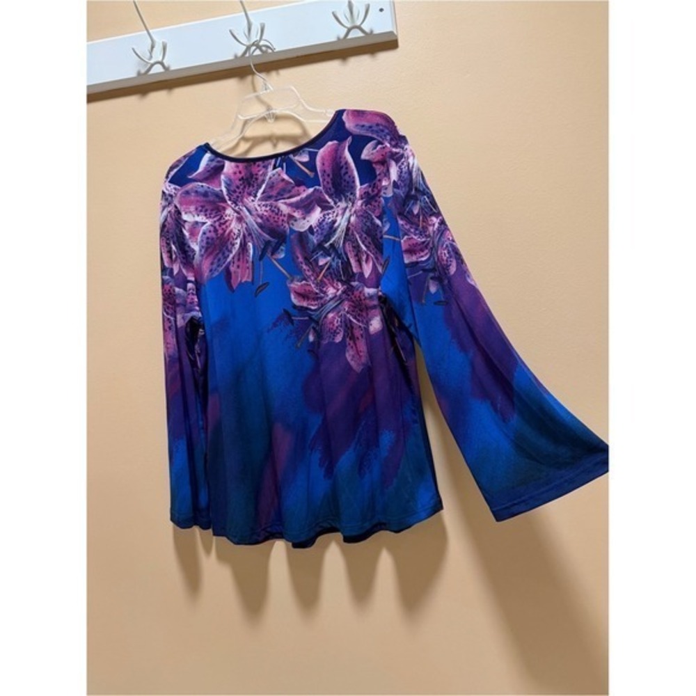 Bob Mackie Wearable Art Floral Long Sleeve Blouse Blue Purple Jersey Knit Lg - Picture 5 of 15